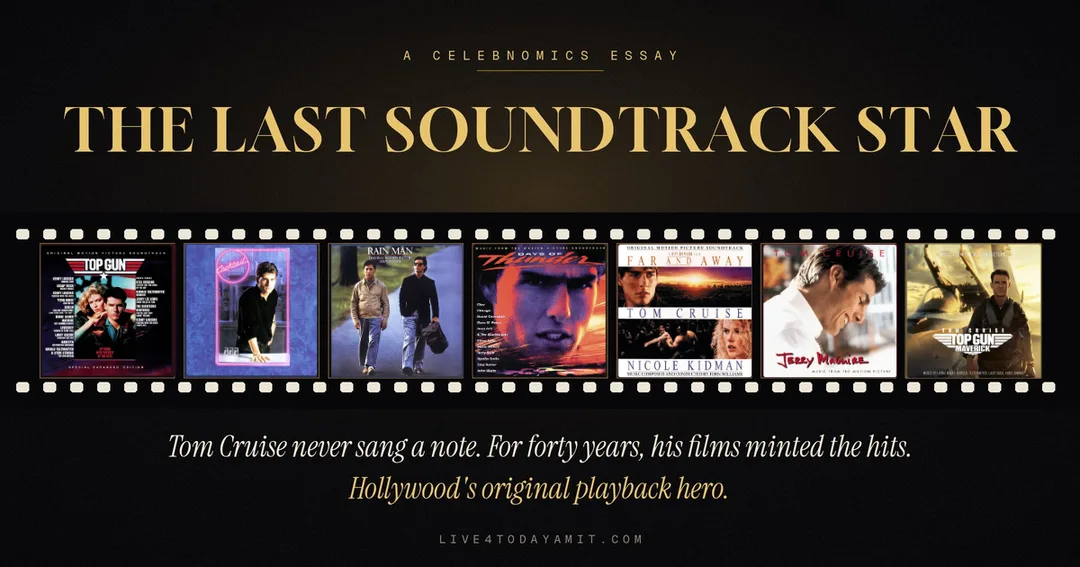 Album covers of original motion picture soundtracks featuring Tom Cruise including Top Gun, Cocktail, Rain Main, Days Of Thunder, Far And Away, Jerry Maguire and Top Gun: Maverick