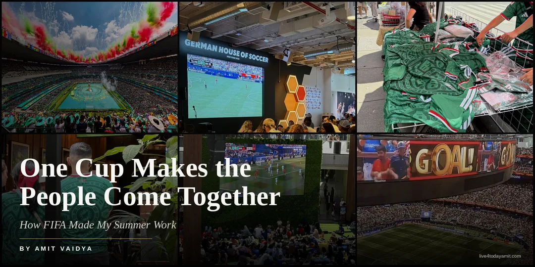 Collage of World Cup events from inside Azteca Stadium to German House of Soccer in New York City to SoFi Stadium in Los Angeles
