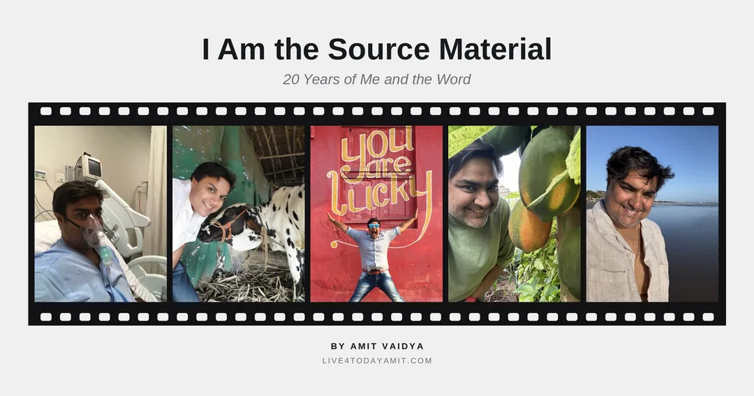 A film strip of images of Amit Vaidya, cancer survivor at hospital, with cow, jumping in front of a YOU ARE LUCKY sign, with papayas and then at the beach. 