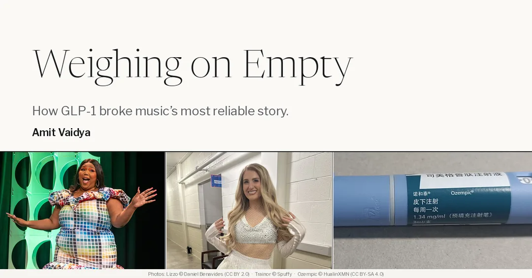 Lizzo, Meghan Trainor, and an Ozempic pen, illustrating GLP-1's effect on pop music
